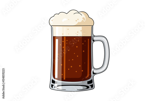 A detailed cartoonstyle depiction of a mug of dark beer with a frothy head set against a plain white background