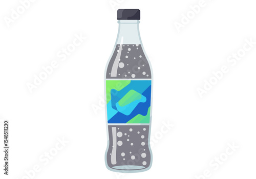 A fizzy drink bottle with a green and blue label and a dark grey cap