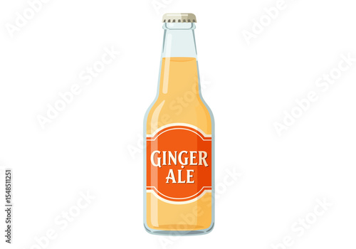 A glass bottle is filled with ginger ale sealed with a metal cap and has a label