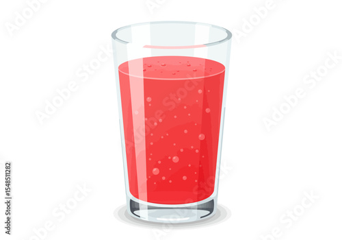 A glass filled with a red beverage possibly juice or smoothie is centered against a plain white backdrop