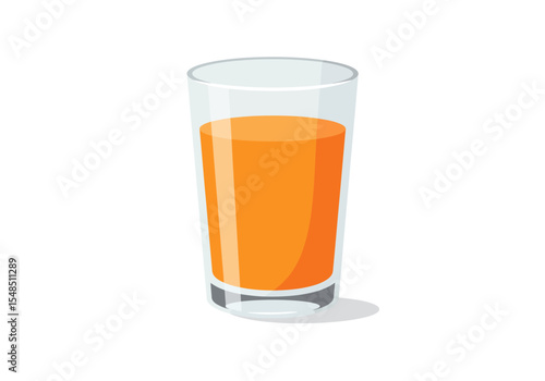 A glass filled with orange juice sits on a white surface