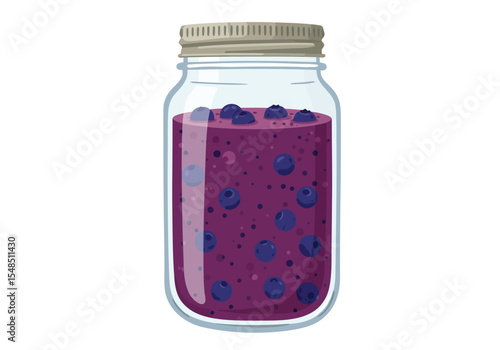A jar of purple blueberry jam with blueberries visible inside sealed with a silver lid