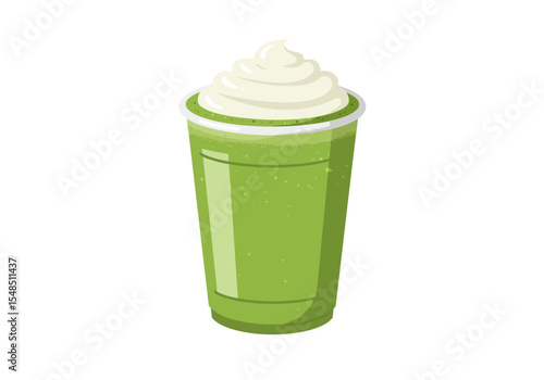 A matcha smoothie in a clear plastic cup topped with whipped cream