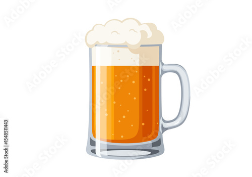 A mug of beer with a frothy white head is depicted on a white background