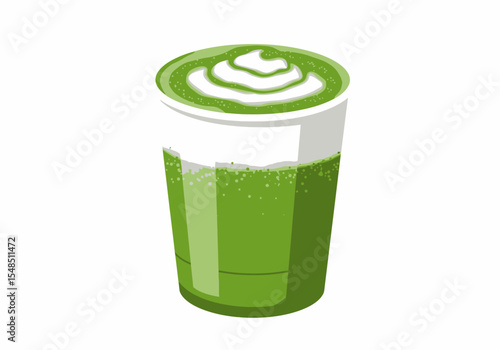 A pixelated matcha latte with green drink topped with white cream swirls in a clear plastic cup