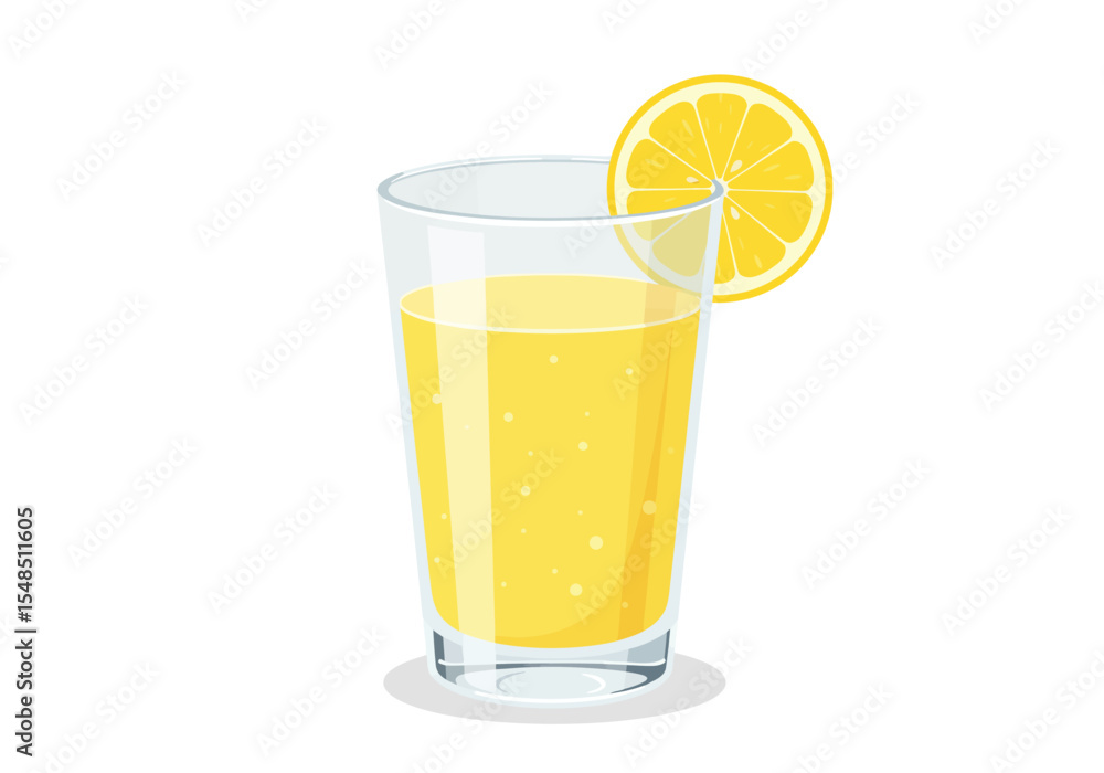 A tall clear glass filled with yellow liquid is adorned with a lemon slice on the rim A tall clear glass filled with yellow liquid is adorned with a lemon slice on the rim