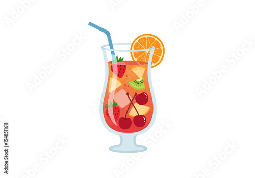 A tall glass cocktail with fruit pieces straw and a slice of orange on the rim