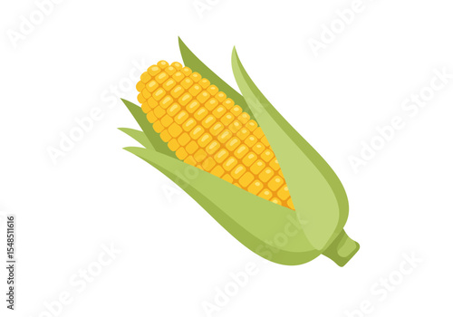 A stylized ear of corn encased in green husks against a white background