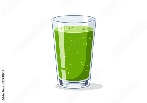 A tall glass of green juice with bubbles visible on a white background
