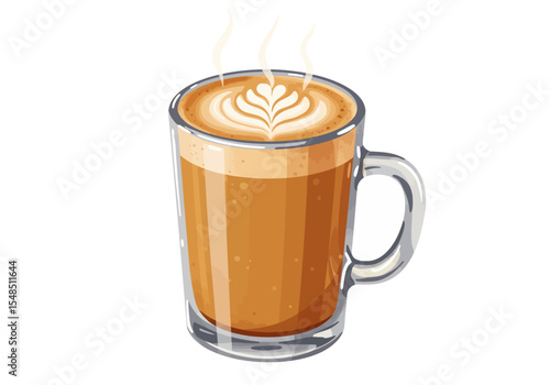 A tall transparent glass mug holds a frothy latte adorned with latte art and steaming vapors