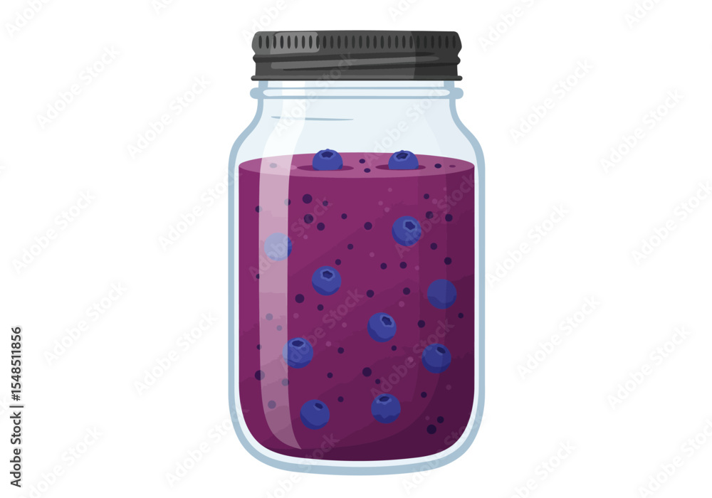 Blueberry preserves inside a jar with a metal lid showcasing the berries suspended in a dark purple jelly Blueberry preserves inside a jar with a metal lid showcasing the berries suspended in a dark purple jelly