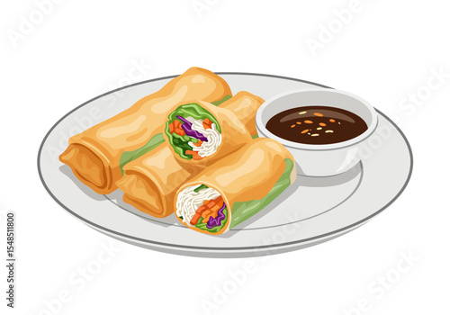 Appetizing spring rolls sit on a plate with a dipping sauce