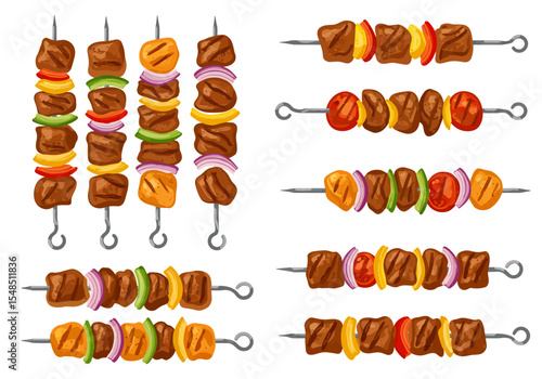 Array of grilled meat  veggie skewers colorful  appetizing