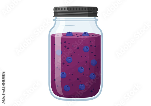 Blueberry preserves inside a jar with a metal lid showcasing the berries suspended in a dark purple jelly