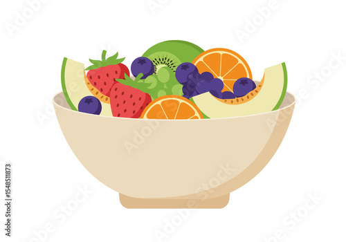 Bowl brimming with fruit strawberries oranges blueberries melon slices kiwi and grapes