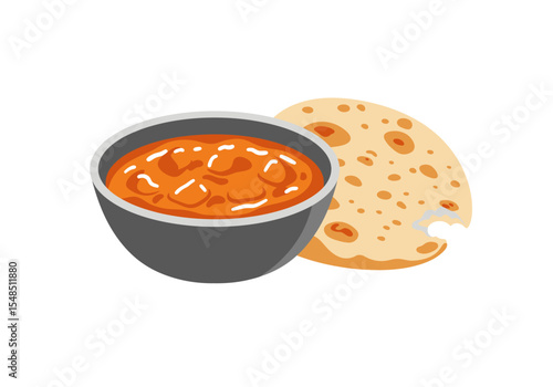 Bowl of curry next to a round flatbread with a bite taken out of it