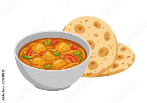 Bowl of curry with tomatoes and green chilies served with two pieces of roti