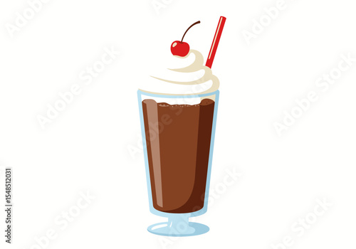 Cartoonstyle chocolate shake with whipped cream cherry and straw in a clear glass