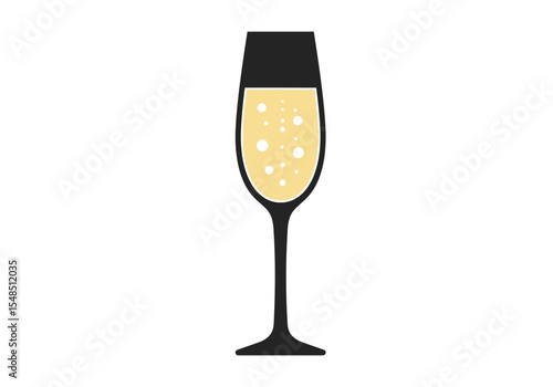 Champagne flute champagne bubbles black stem and base and filled to the top isolated