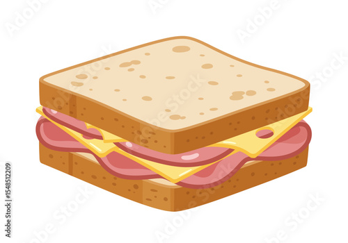 Isometric sandwich with bread ham and cheese slices stacked flat illustrative style