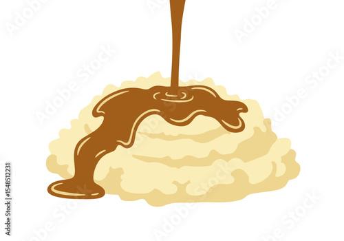 Mashed potatoes topped with brown gravy poured from above