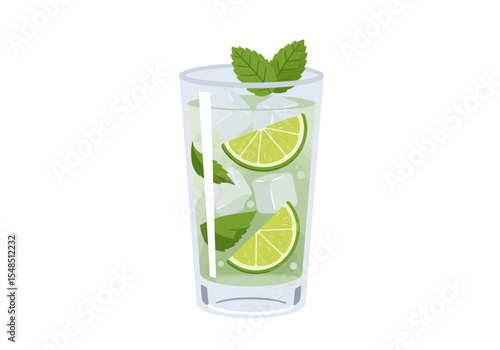 Mojito drink in a clear glass with lime wedges mint and ice