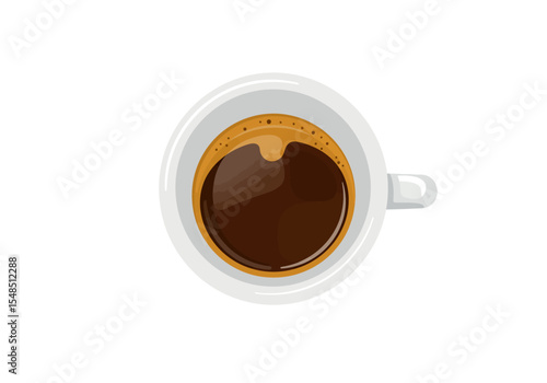 Overhead view of coffee in white mug brown liquid with bubbles