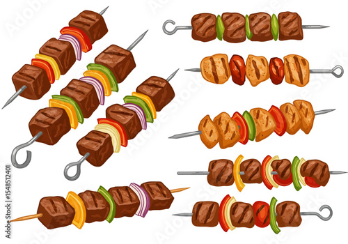 Skewered chunks of meat and vegetables displayed on metal and wooden sticks
