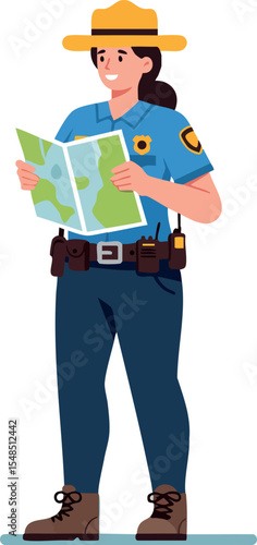 Female Park Ranger Holding Map in Blue Uniform and Yellow Hat Illustration