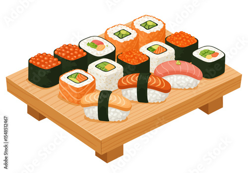 Sushi platter assorted rolls  nigiri on wooden stand