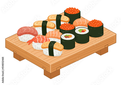 Sushi assortment on wooden platter nigiri rolls eggs salmon shrimp ikura seaweed