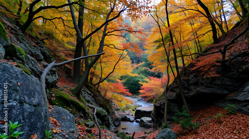 Autumns enchanting embrace: a rocky forest enclave