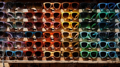 Colorful Sunglasses Display Summer Fashion Accessories Collection Bright Shades Retail Shop Window Showcase Trendy Eyewear Protection UV Style Optics Summertime Fashionable        