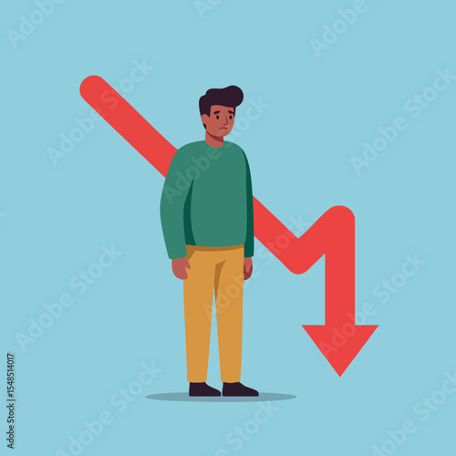Man Standing with Red Downward Arrow Representing Decline or Loss Vector Illustration