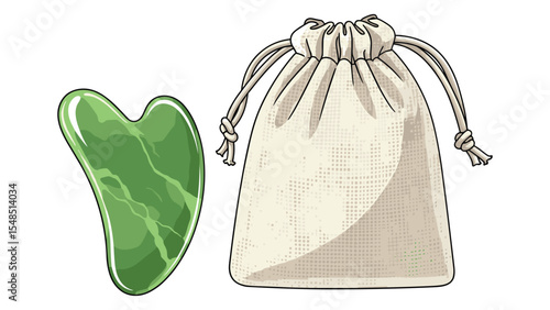 Green Jade Gua Sha Stone for Face Massage with Linen Bag Vector Illustration