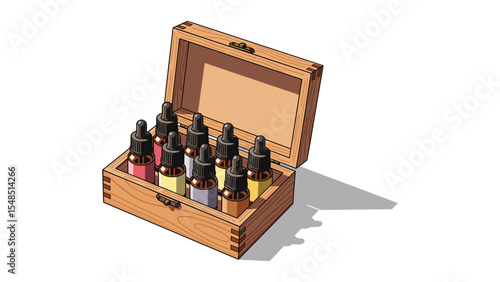 Wooden Box Containing Assorted Essential Oil Bottles for Aromatherapy and Wellness