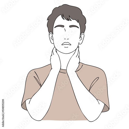 Young man touching neck with both hands in minimal style vector illustration