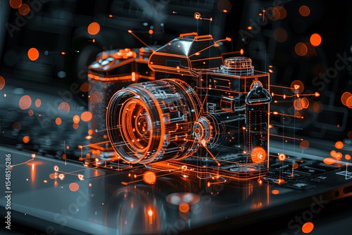 Camera design represented as glowing digital blueprint on laptop keyboard in modern workspace at night