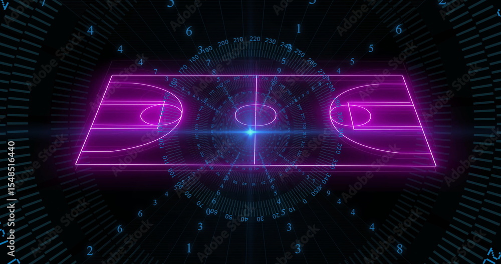 Fototapeta premium Rotating neon purple basketball court schematic on HUD, with radial grid lines and degree markings