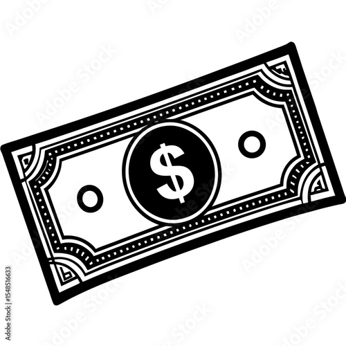 Black and White Dollar Bill Illustration with Intricate Border and Dollar Sign Representing Finance Economy and Wealth in a Minimalist Graphic Style