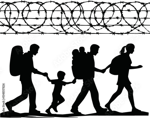 Refugee Group Silhouette. Banner with people crossing border with barbed wire, fleeing wars, poverty, humanitarian and natural disasters. Flat vector illustration isolated on white background