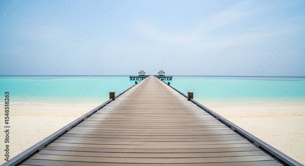 Fototapeta premium Wooden Pier Stretching Over Tropical Turquoise Sea to Distant Structures