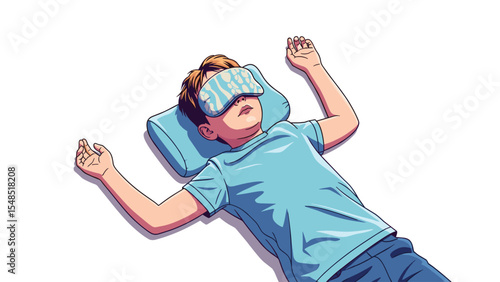 Cartoon illustration of a sleeping boy with eye mask and pillow on white background