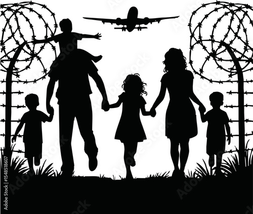 Refugee Group Silhouette. Banner with people crossing border with barbed wire, fleeing wars, poverty, humanitarian and natural disasters. Flat vector illustration isolated on white background