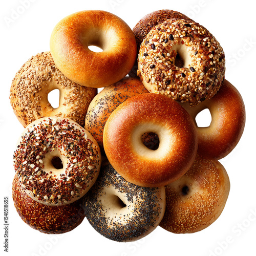 Fresh bagels assortment breakfast baked goods bakery shop food  isolated on transparent background