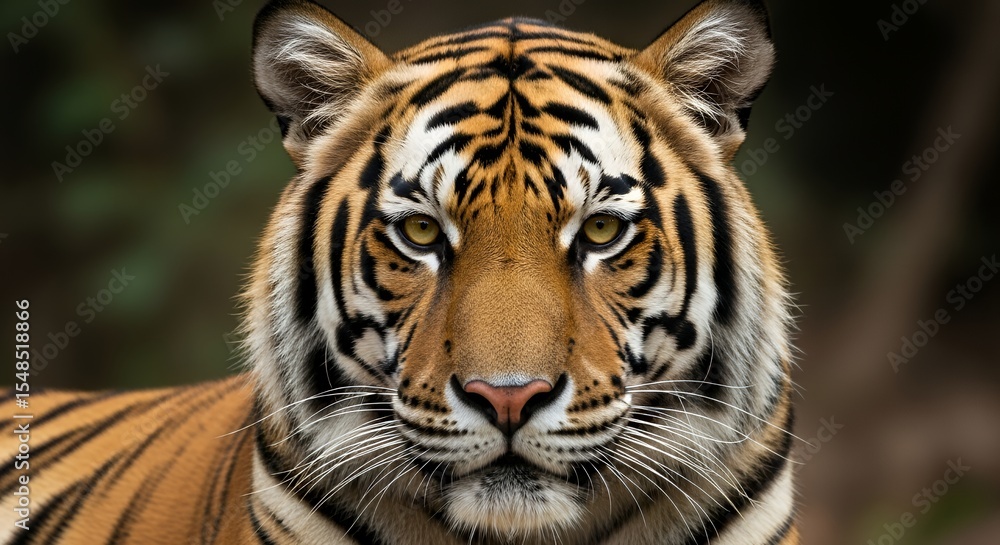 Fototapeta premium Majestic Tiger Face Close-up with Striking Orange and Black Pattern in Natural Habitat