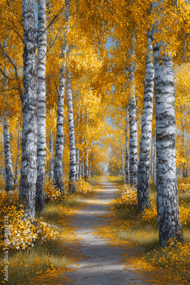 Fototapeta premium Pathway meanders through birch trees adorned with golden leaves. Soft sunlight filters through branches, creating a serene atmosphere in the forest