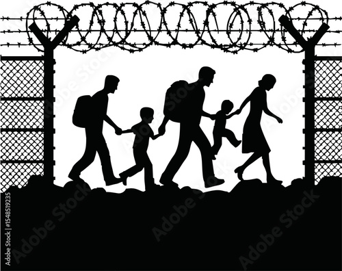 Refugee Group Silhouette. Banner with people crossing border with barbed wire, fleeing wars, poverty, humanitarian and natural disasters. Flat vector illustration isolated on white background