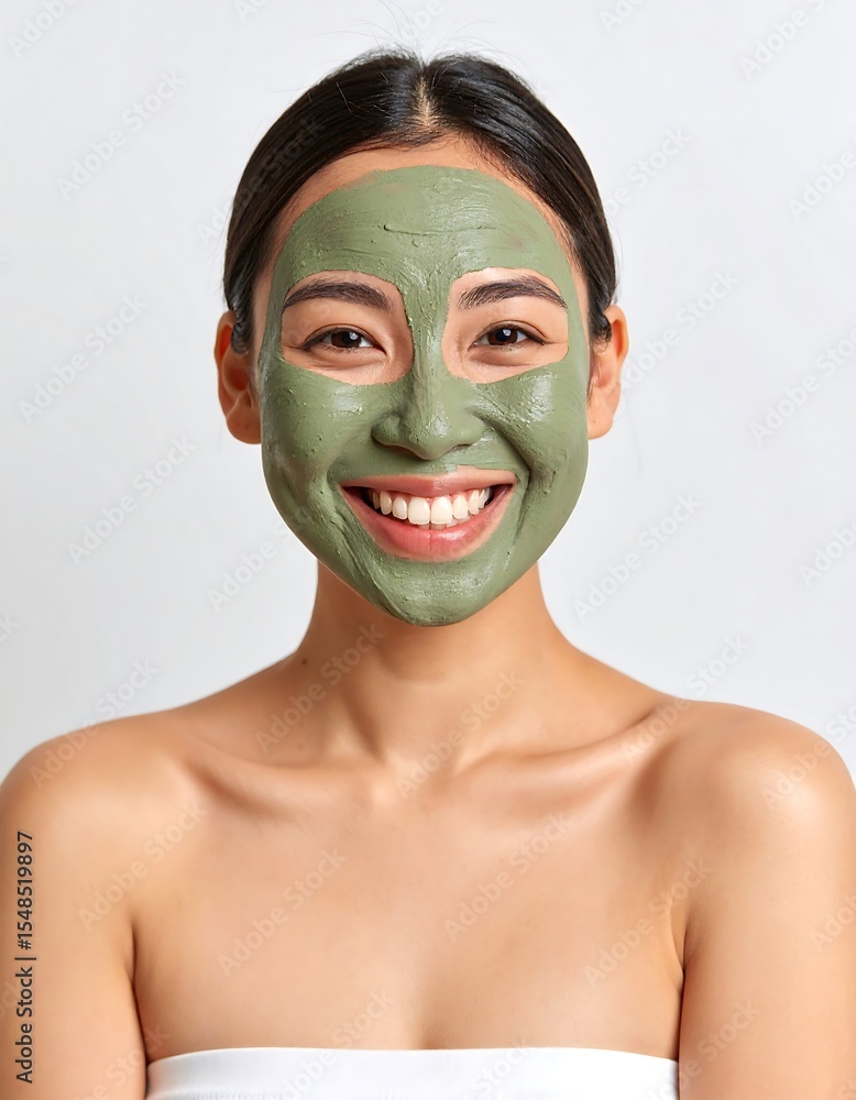Happy woman with a green facial mask enjoys skincare routine self care beauty treatment Happy woman with a green facial mask enjoys skincare routine self care beauty treatment