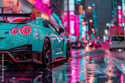 Wallpaper Mural Neon-lit street in Tokyo showcasing a modified sports car during a rainy evening Torontodigital.ca